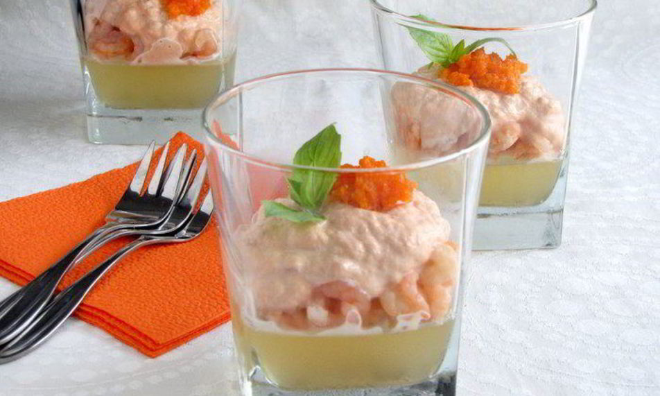 Рецепт ланспика с кремом из форели и креветками