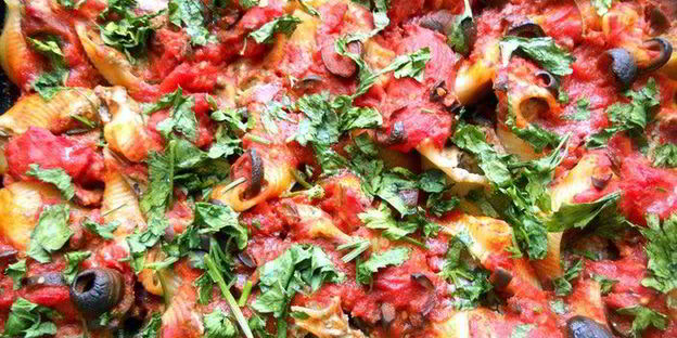 паста ракушки с творожно-баклажановым муссом