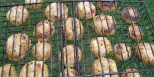 шампиньоны на решетке на костре