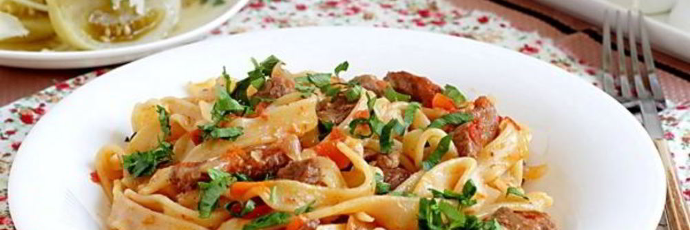 Макароны с мясом и овощами