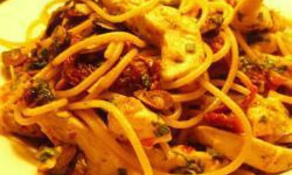 Рецепт пасты с курицей, маслинами и вялеными помидорами