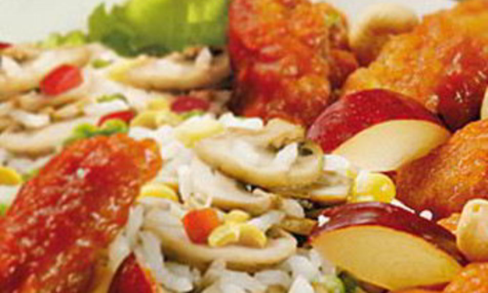 Рецепт свинины под сливово-ореховым соусом с овощами и рисом