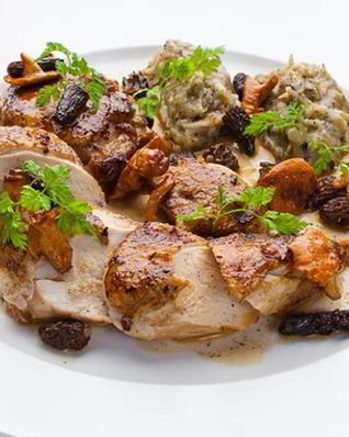 Цыпленок с грибами, воздушным картофелем и трюфелем