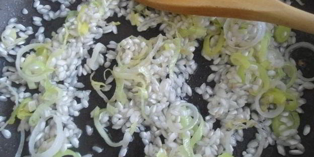 ризотто с луком-пореем и лимонной крошкой