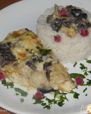 Судак с грибами и сметанным соусом