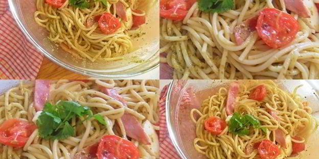 спагетти с ветчиной, моцареллой под соусом песто