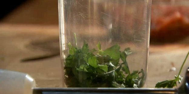 тартар из говядины с зеленой пастой