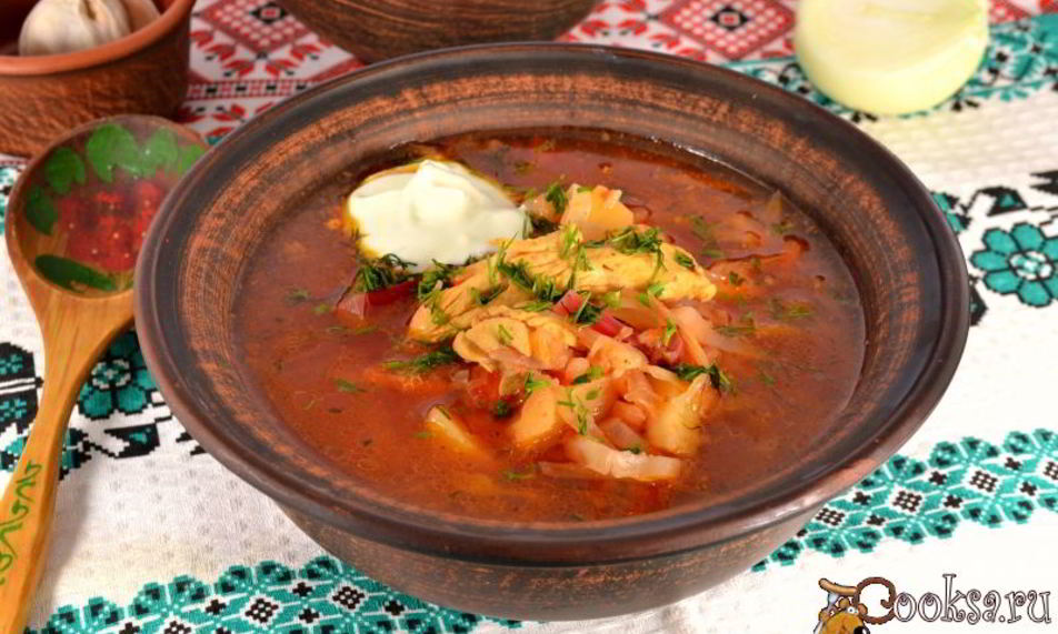 Рецепт борща с курицей и бочковыми помидорами