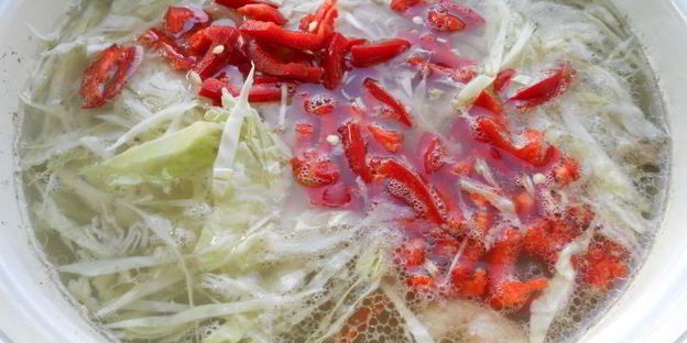 борщ с курицей и бочковыми помидорами