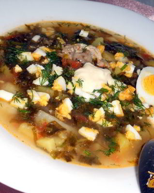 Зеленый борщ с курицей и томатом