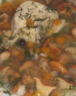 Лисички с курицей в бульоне