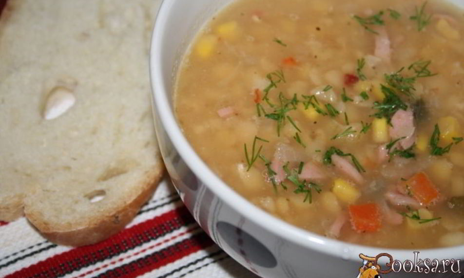 Рецепт горохового супа с сосисками и сладкой кукурузой