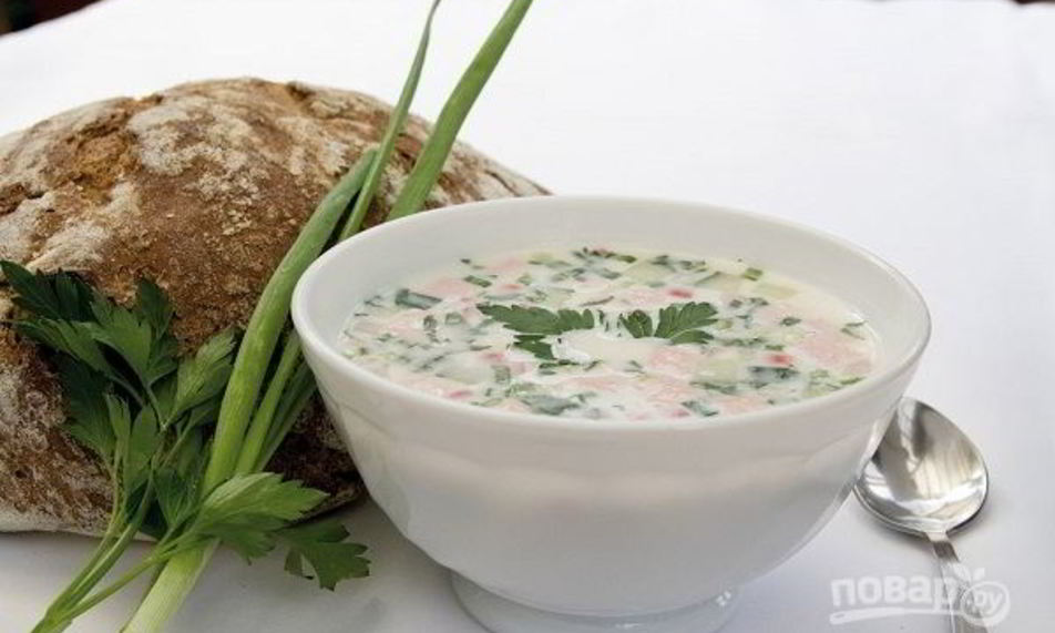 Рецепт окрошки с колбасой на майонезе