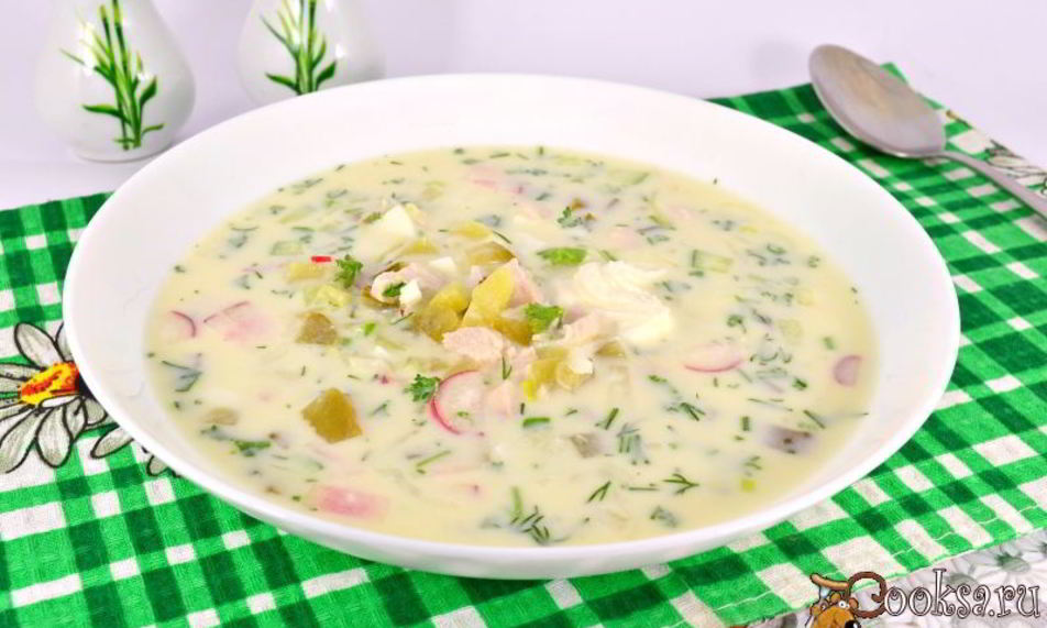 Рецепт окрошки с курицей и маринованными огурцами