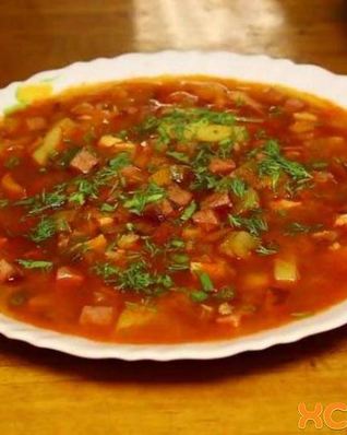 Рассольник с колбасой и копченостями