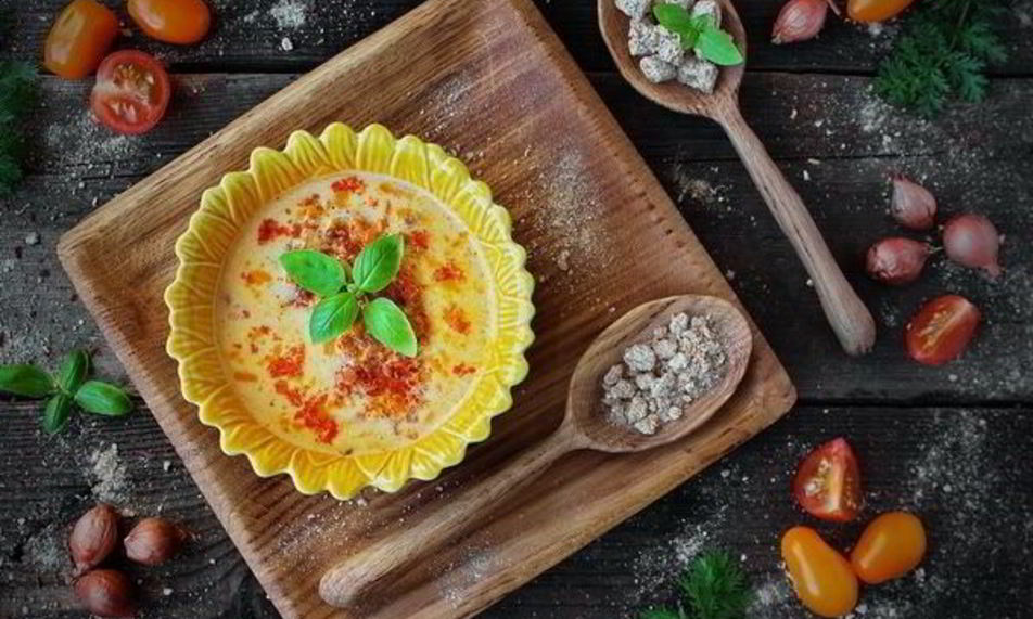 Рецепт сырного супа с хрустящими морковными отрубями