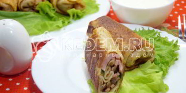фаршированные блины с колбасой и грибами