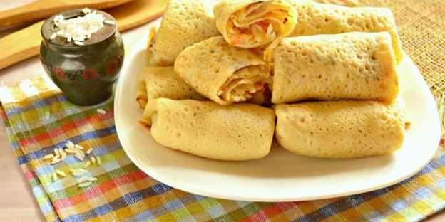 сытные блинчики с рисом и копченой курицей