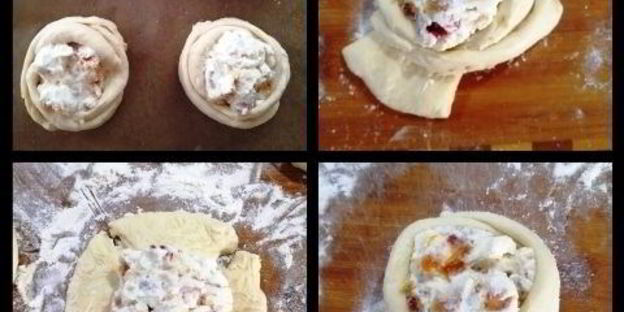 булочки-ватрушки с курагой, рикоттой и сушеной клубникой