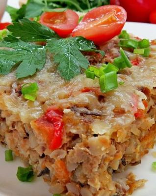 Запеканка из гречки с фаршем, грибами и сыром