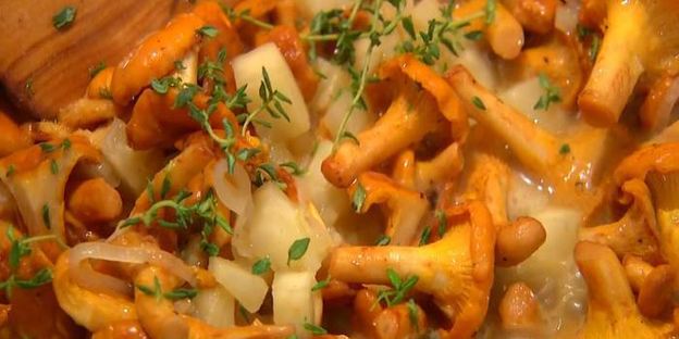 брускетты с лисичками, сельдереем и зеленым луком