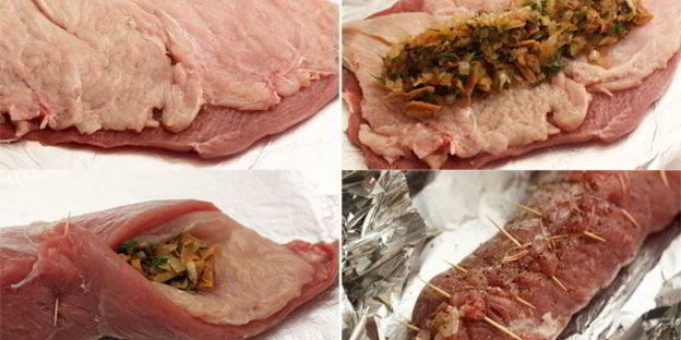 рулет из свинины с курицей и грибами