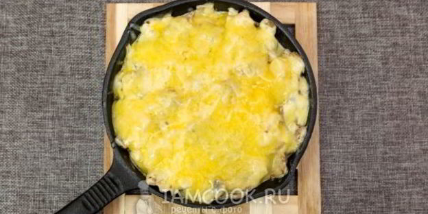 жульен с курицей и грибами на сковороде